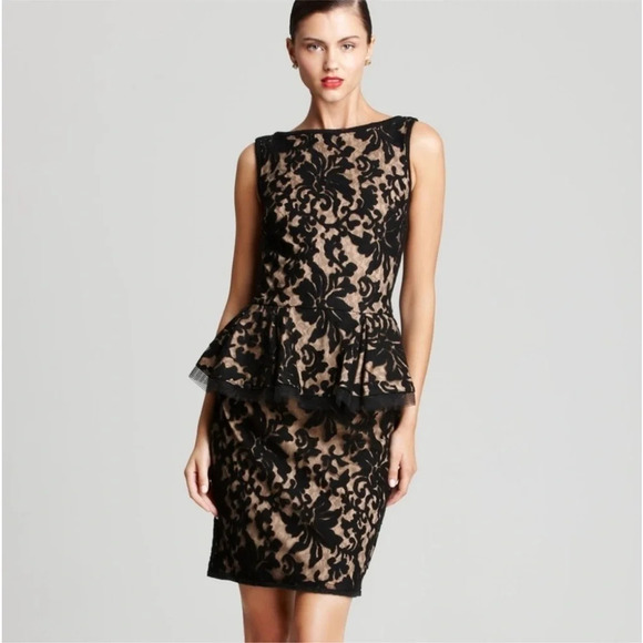 Tadashi‎ Shoji Black/Nude Underlay Floral Lace Peplum Sheath Dress Size 6 - Picture 1 of 13